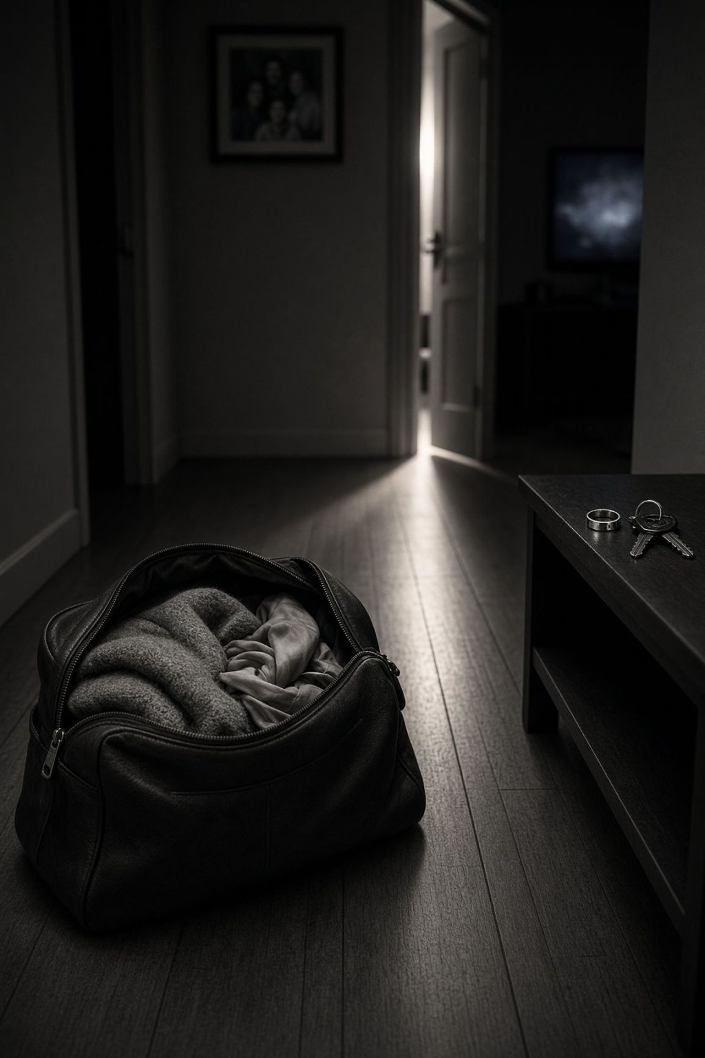 Czarno-biały nocny korytarz: rozpięta skórzana torba z wełnianym swetrem i jedwabnym szalem na podłodze, obok na komodzie zdjęta obrączka i klucze, smuga światła z uchylonych drzwi sypialni, rodzinne zdjęcie na ścianie.