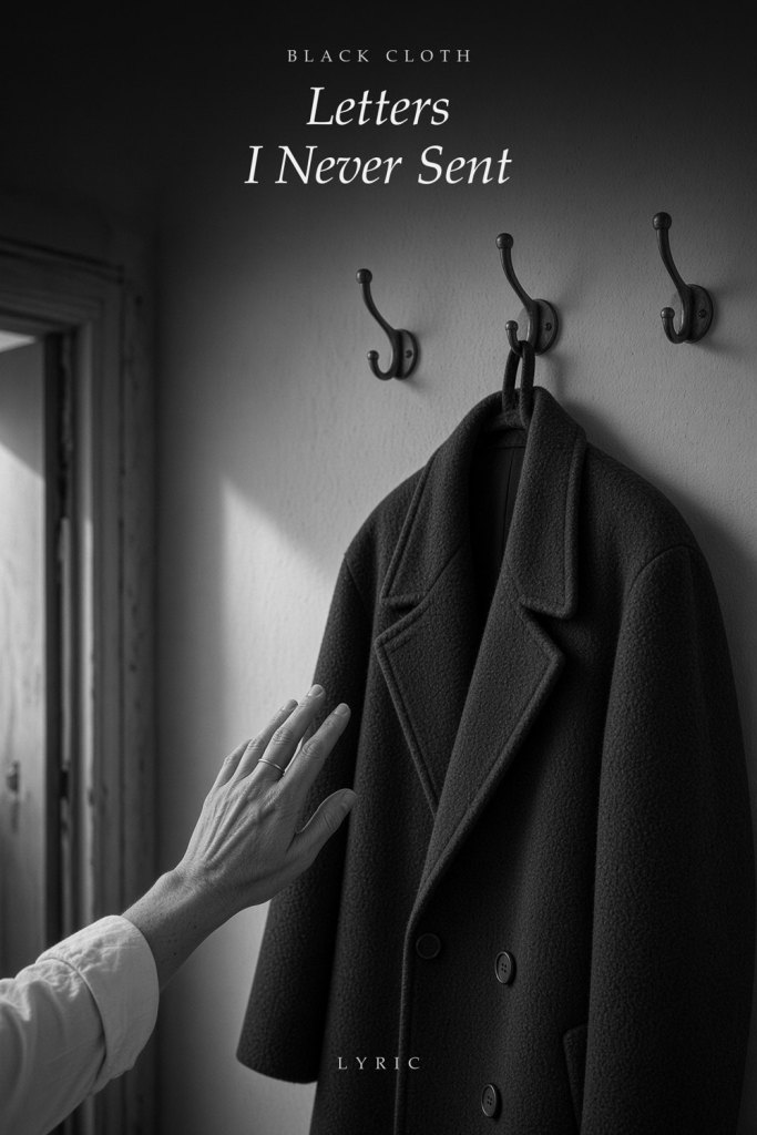 Cover of Letters I Never Sent: a woman's hand reaching toward a black broadcloth coat on a hook